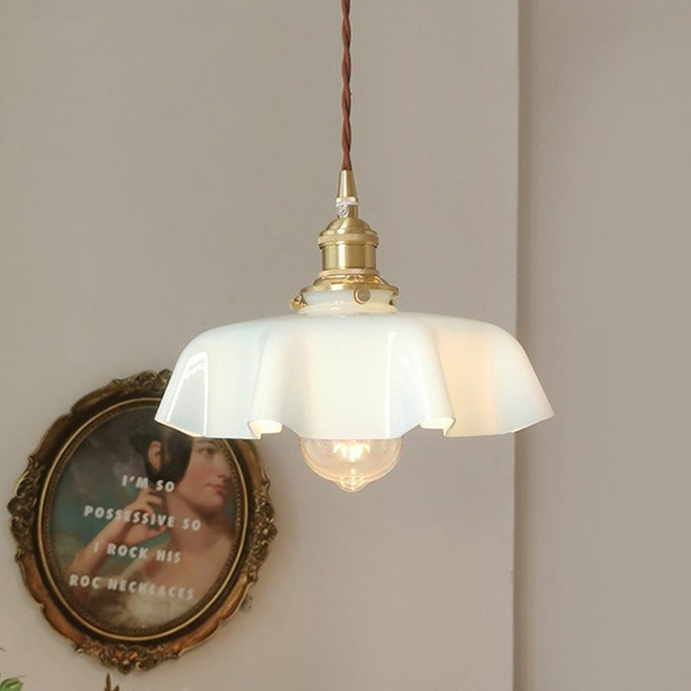 Stylish hanging lamp made of glass and copper in yellow, white, pink, and blue. Ideal for modern living spaces. 0