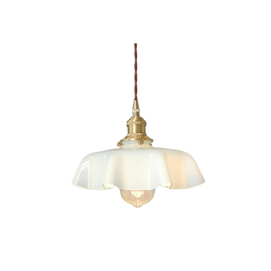 Stylish hanging lamp made of glass and copper in yellow, white, pink, and blue. Ideal for modern living spaces or dining areas. 1