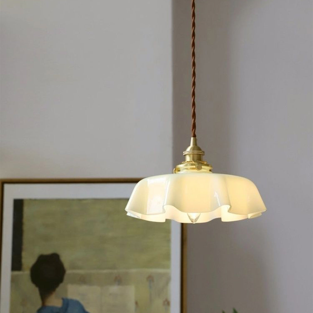 Stylish hanging lamp made of glass and copper in yellow, white, pink, and blue. Ideal for modern living spaces or dining areas. 4
