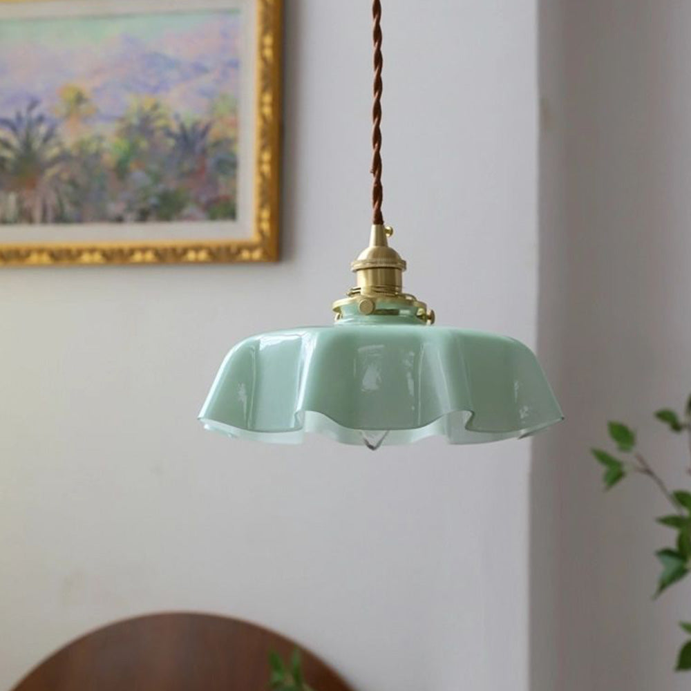 Stylish hanging lamp made of glass and copper in yellow, white, pink, and blue. Ideal for adding a decorative touch to any room. 9