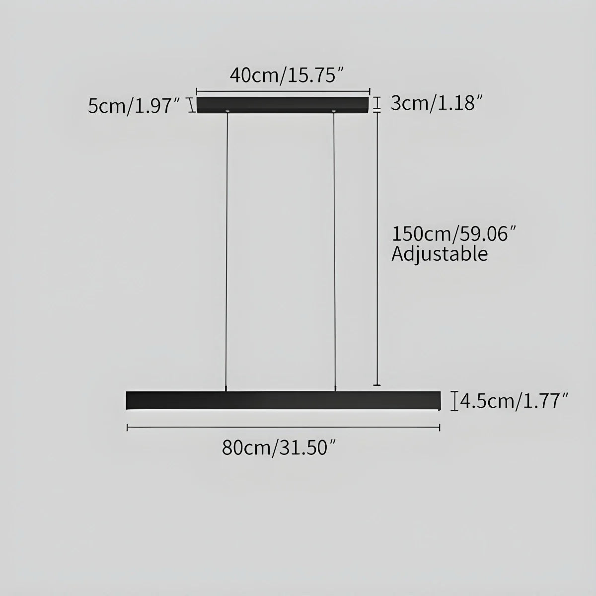 Modern black aluminum pendant light, 100 cm in length, ideal for dining or living rooms. Features dimmable functionality for versatile use. 4