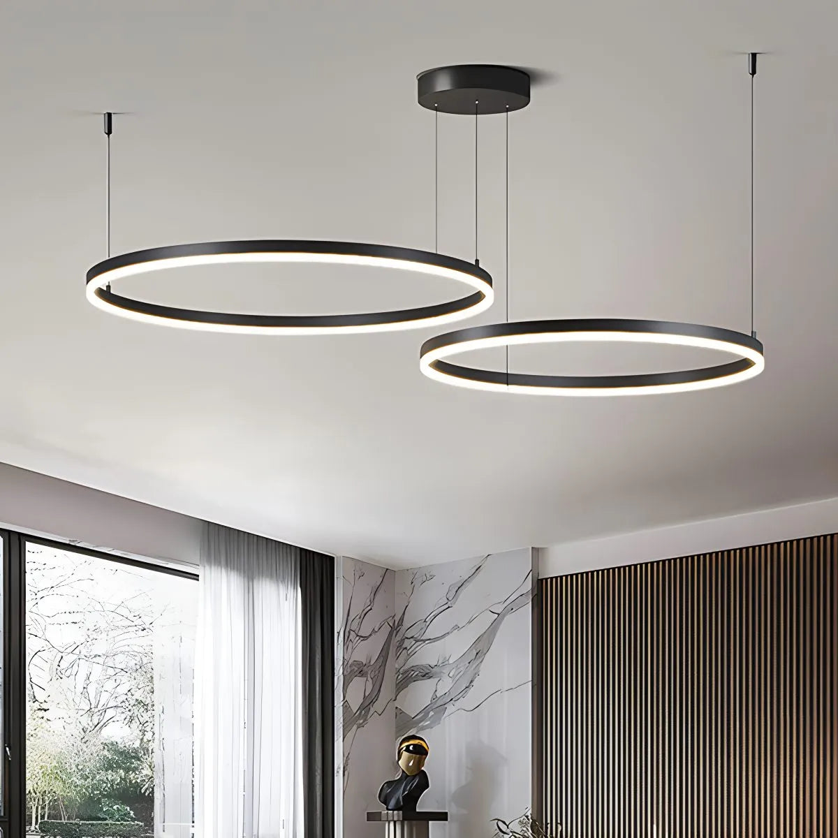 Minimalistic pendant light made of metal and acrylic in white, measuring 60 cm in diameter, ideal for dining and living rooms. 2