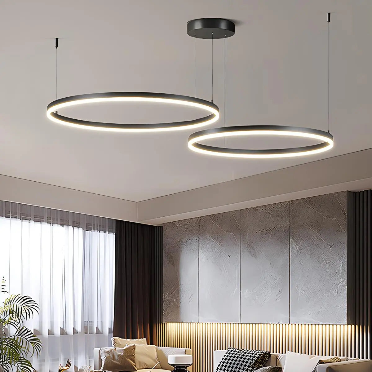 Minimalistic pendant lamp made of metal and acrylic in white, measuring 60 cm in diameter, suitable for dining and living rooms. 4