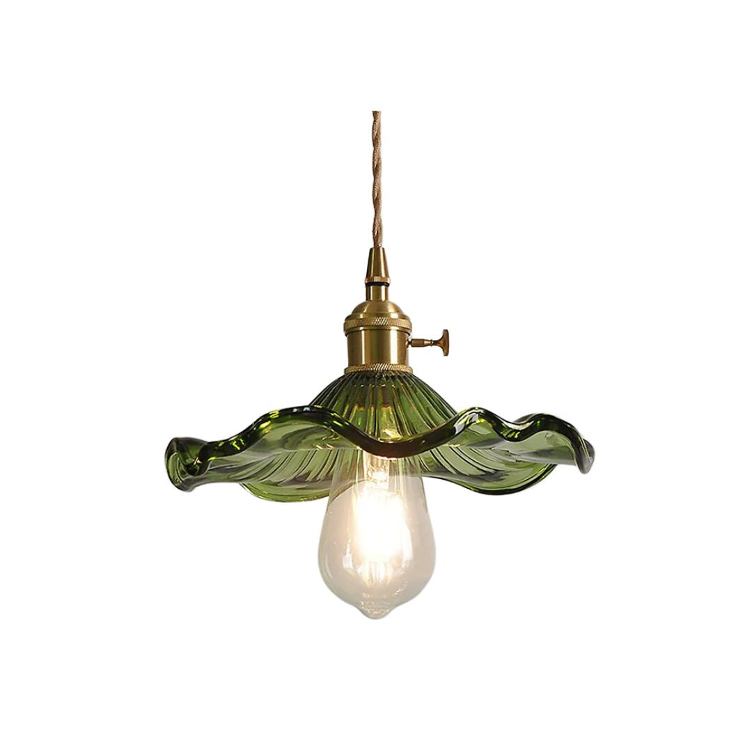 Cleo pendant light made of glass and brass in green, featuring an organic shape with a diameter of 23 cm, suitable for dining rooms and living 1