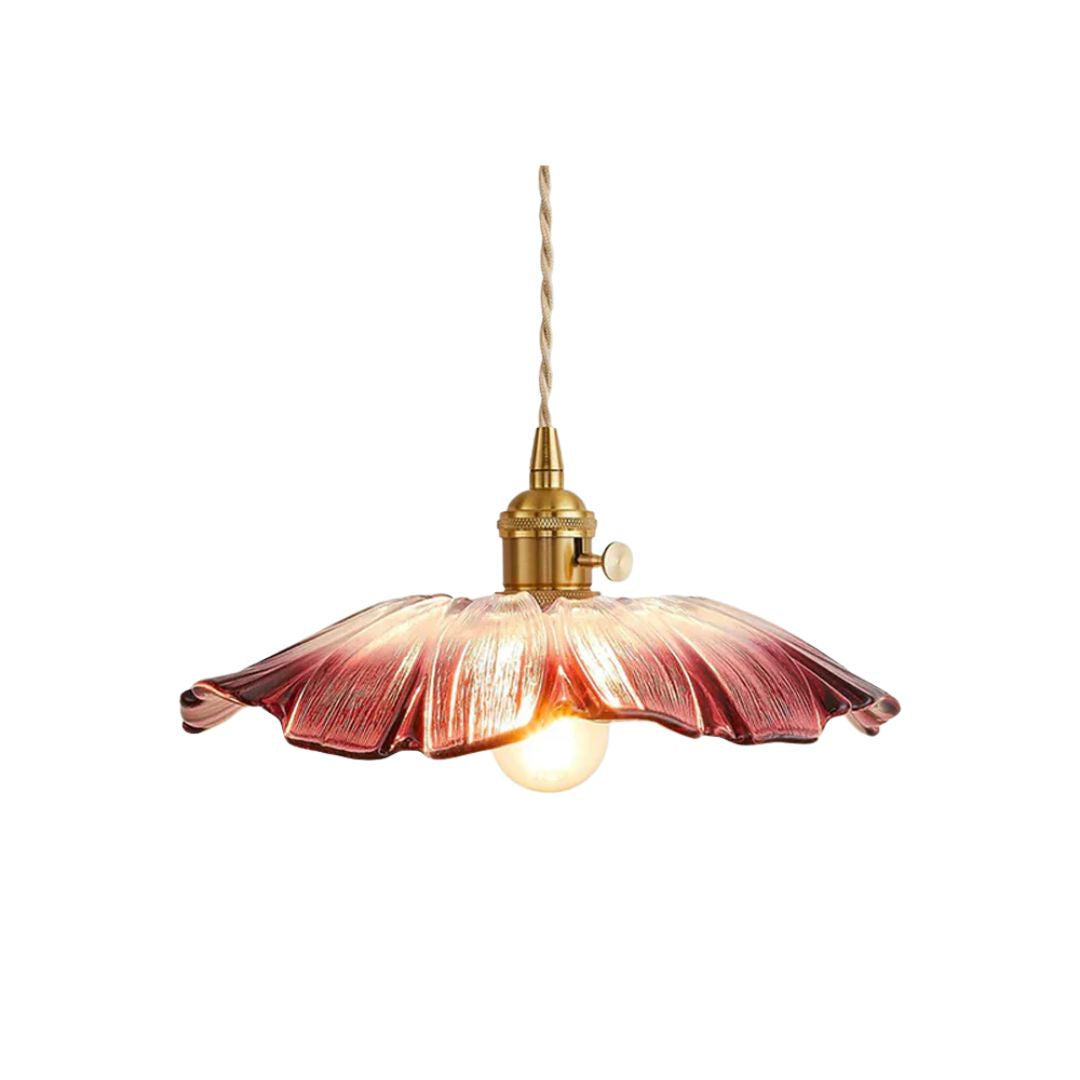Handcrafted glass pendant light in red and gold, featuring an elegant flower shape. Ideal for dining rooms and living spaces, measuring Ø 28/19 1