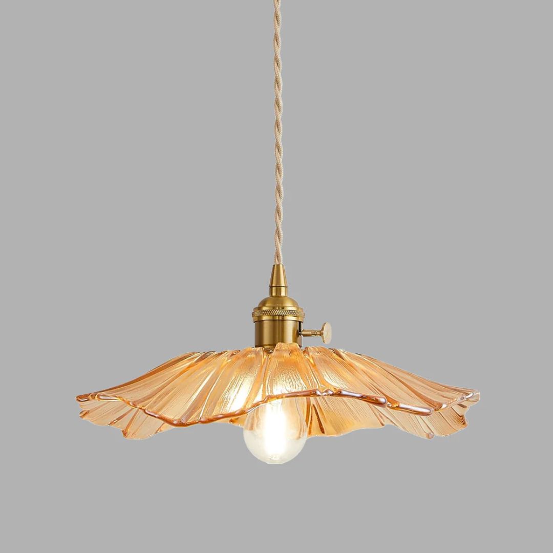 Handcrafted glass pendant light in red and gold, featuring an elegant flower shape with a diameter of 28/19 cm, ideal for dining and living 11