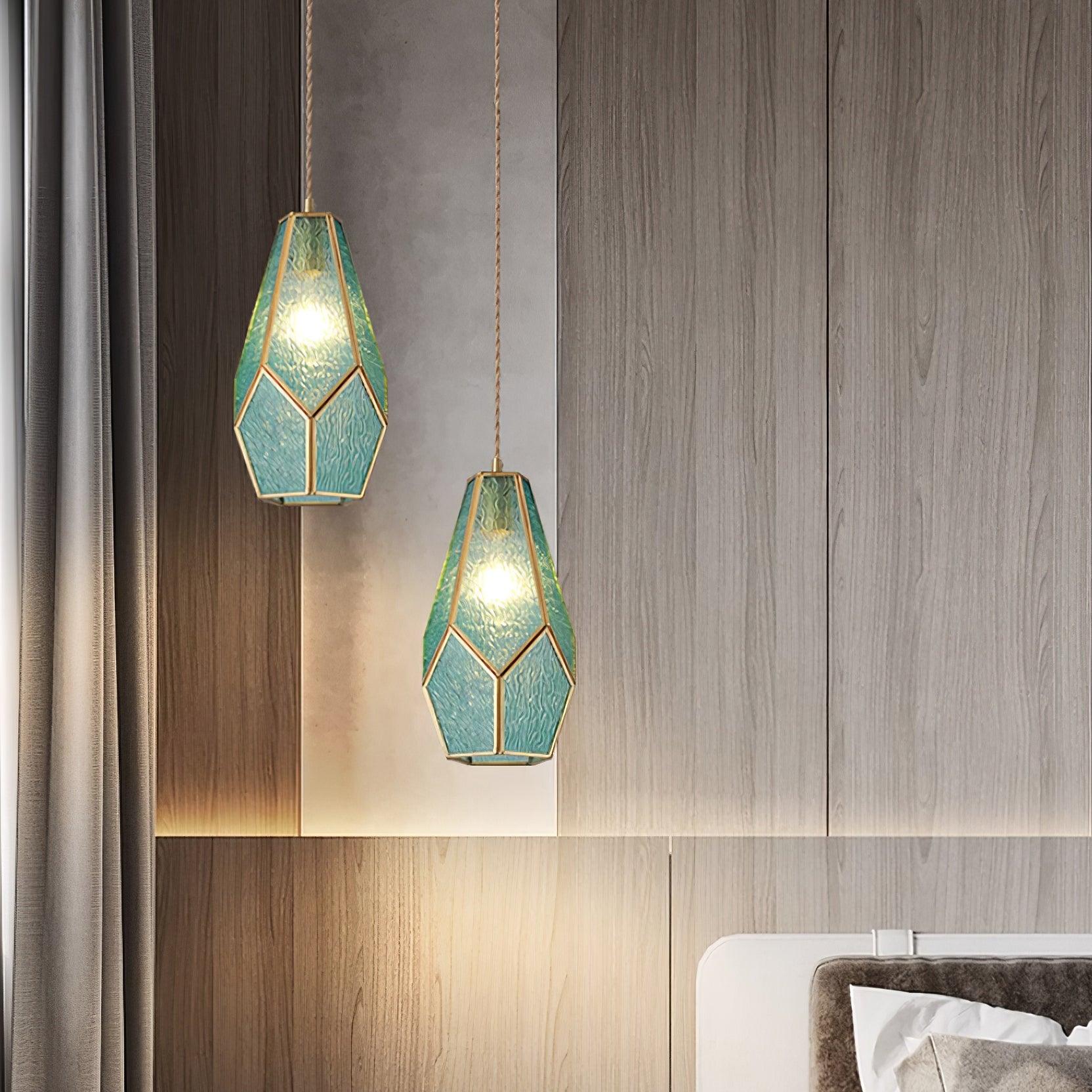 Modern pendant light in brass with pink and blue colors, measuring 60x60 cm, ideal for dining room use. 6