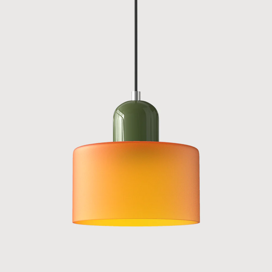 Retro-style pendant light made of glass in dark green and orange, measuring Ø 15 cm, ideal for dining or living rooms. 0