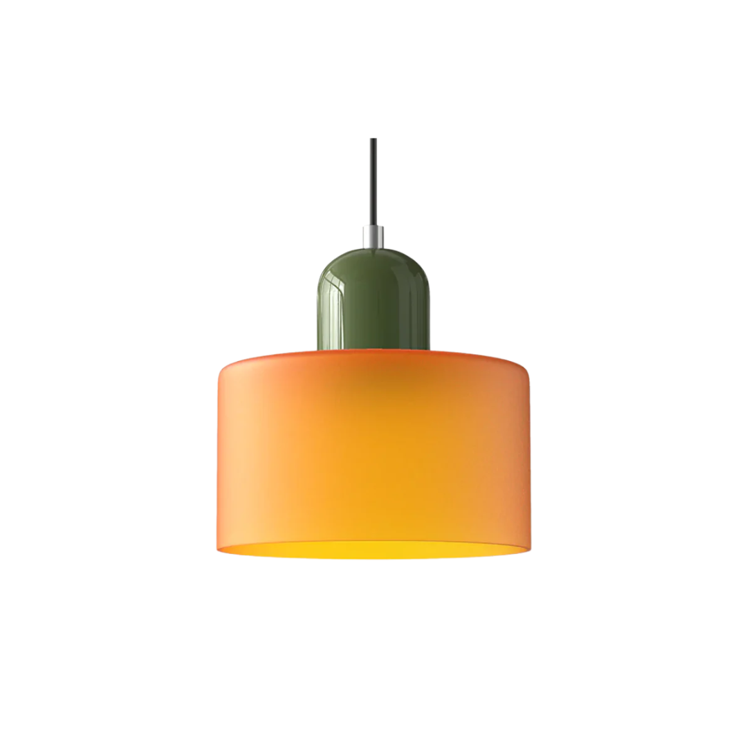 Retro-style pendant light made of glass in dark green and orange. It has a diameter of 15 cm, ideal for dining or living spaces. 1