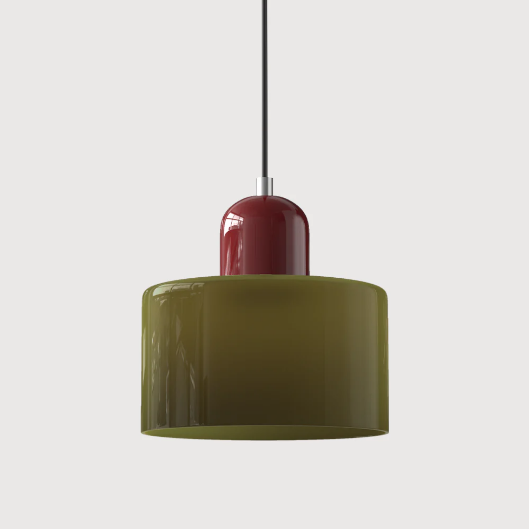 Retro-style pendant light made of glass in dark green and orange, measuring 15 cm in diameter, ideal for dining areas or living spaces. 11