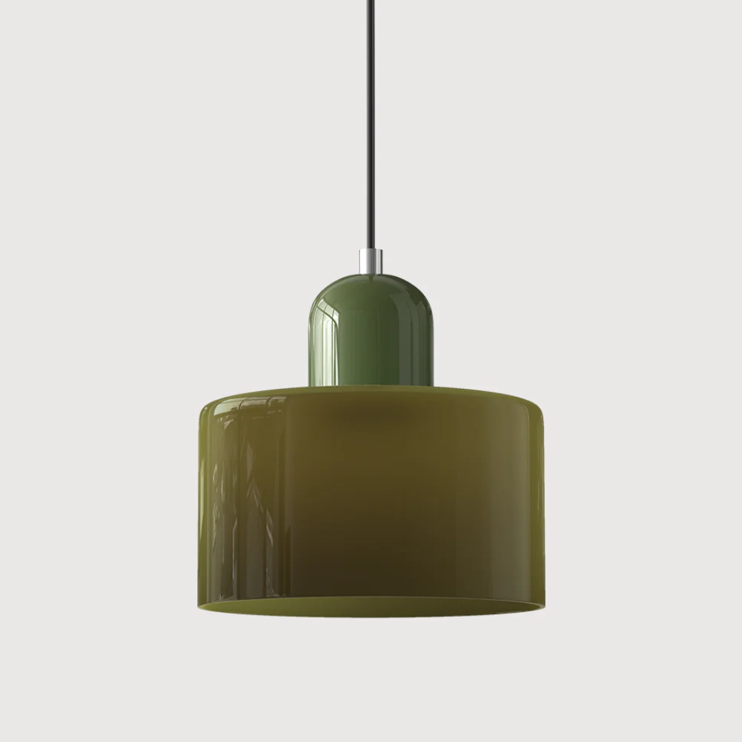 Retro pendant light made of glass in dark green and orange, featuring a 15 cm diameter. Ideal for dining or living areas. 12