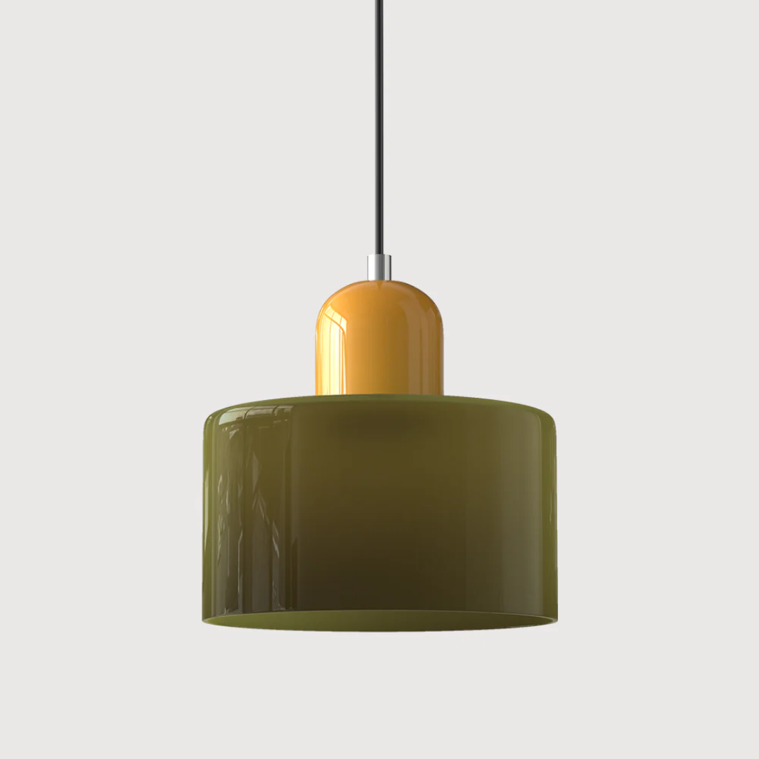 Retro-style pendant light made of glass in dark green and orange, measuring 15 cm in diameter, ideal for dining or living spaces. 13