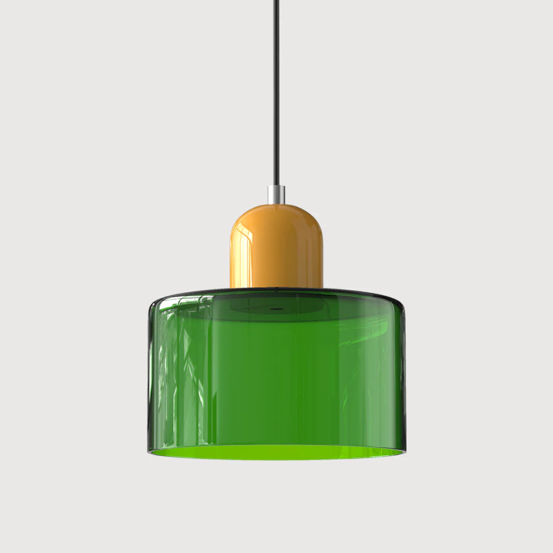 Retro-style pendant light made of glass in dark green and orange, measuring 15 cm in diameter. Ideal for modern dining spaces or kitchens. 15