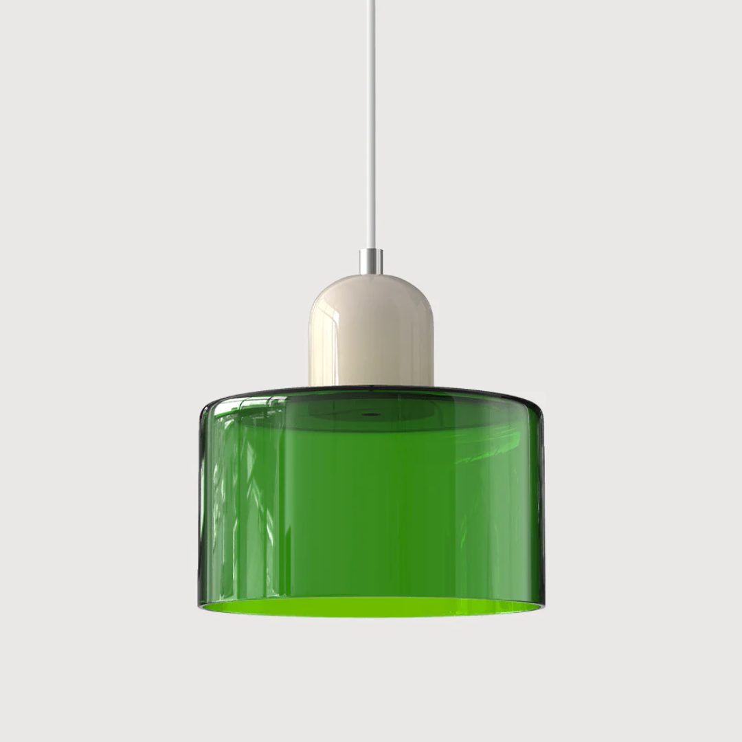 A retro-style pendant light made of glass in dark green and orange colors, measuring 15 cm in diameter. Ideal for modern living spaces or dining areas 16
