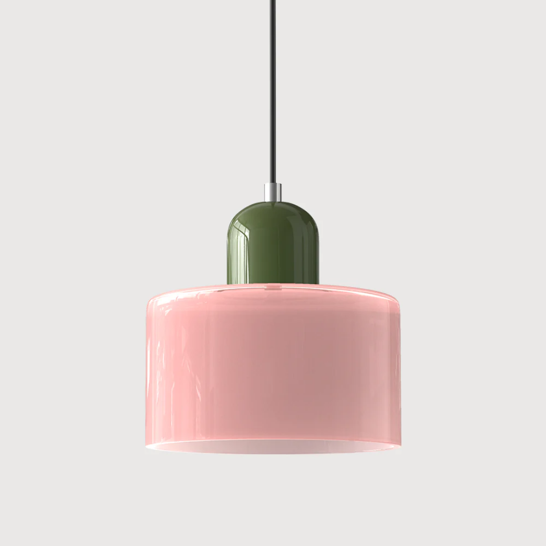 Retro-style pendant light made of glass in dark green and orange, measuring 15 cm in diameter, ideal for dining or living spaces. 17