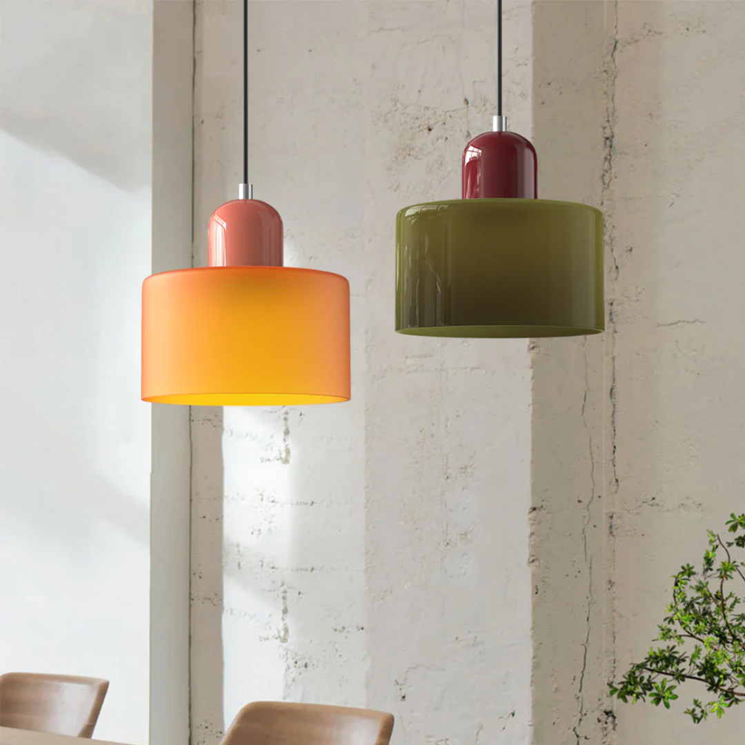 Retro-style pendant light made of glass, in dark green and orange, with a diameter of 15 cm. Ideal for dining rooms or kitchens. 2