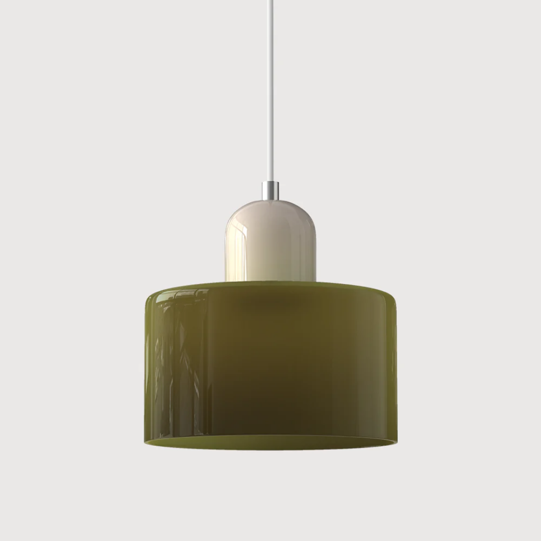 Retro-style pendant light made of glass in dark green and orange. Measures 15 cm in diameter, suitable for dining or living spaces. 20