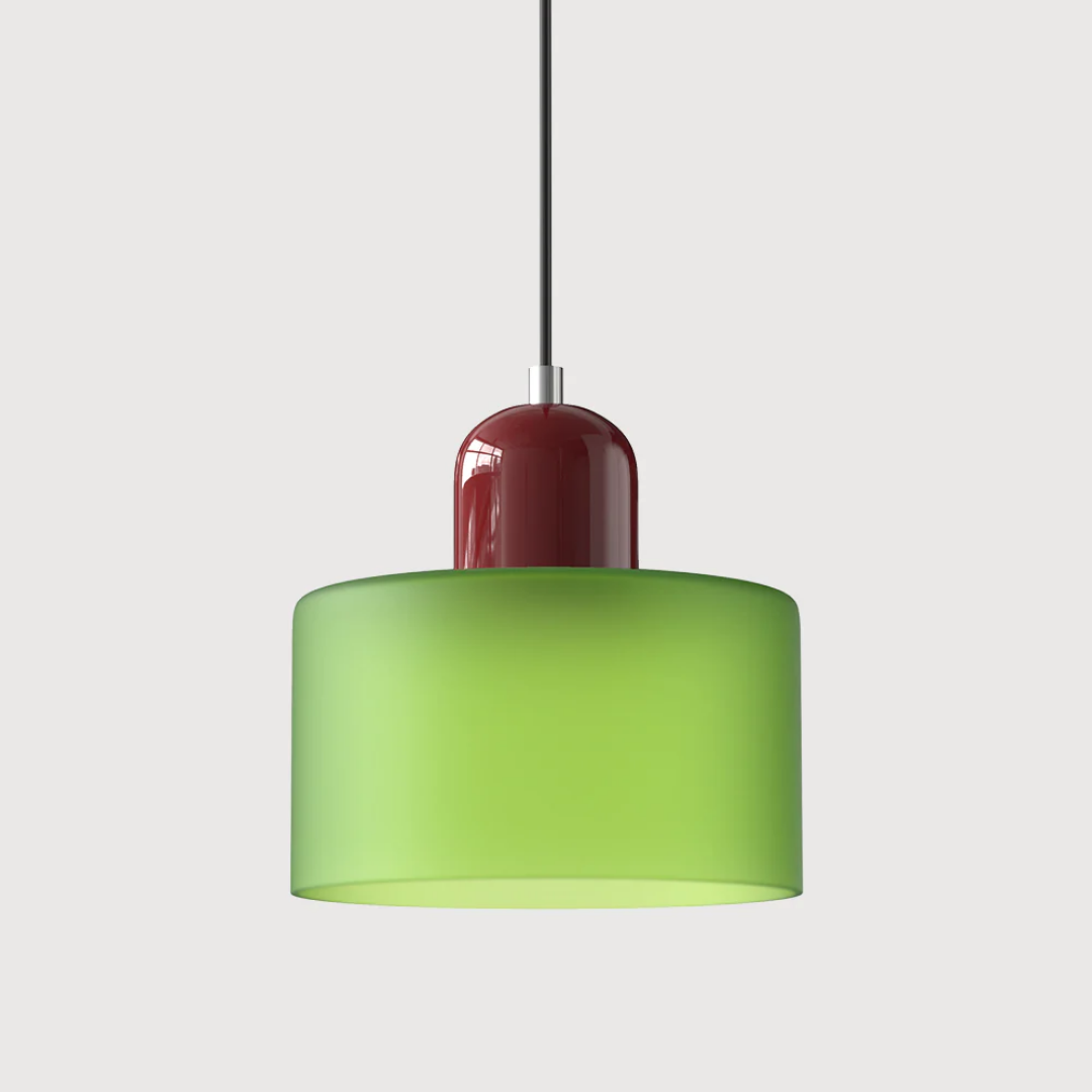 Retro-style pendant light made of glass in dark green and orange. Measures Ø 15 cm, perfect for dining or living spaces. 22