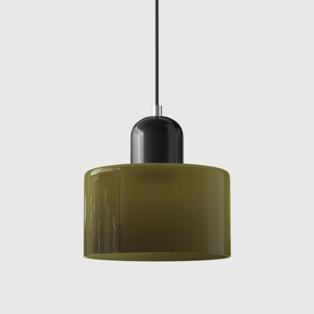 Retro-style pendant light made of glass, featuring a dark green and orange color scheme. Measures 15 cm in diameter, suitable for dining or living spaces 24
