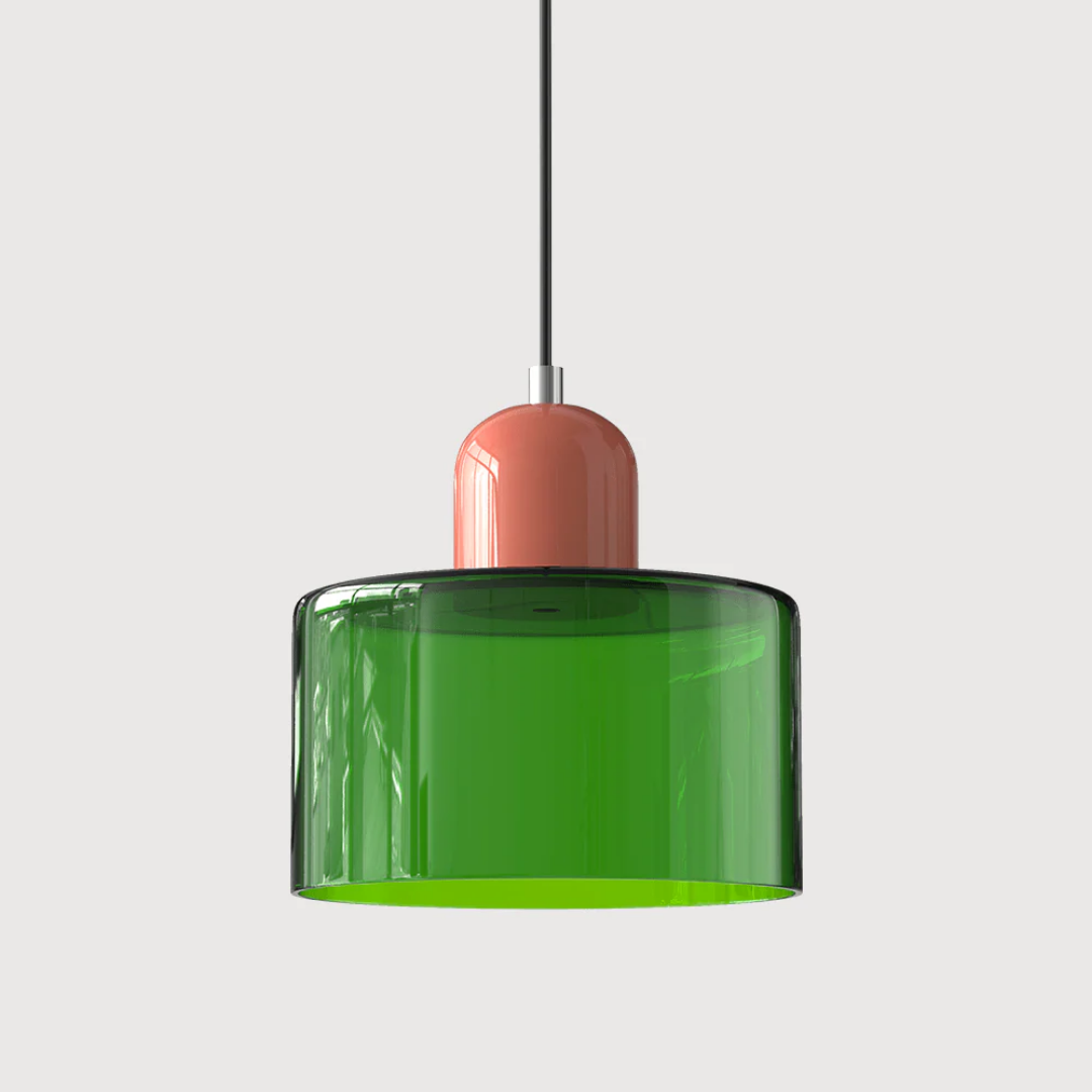 Retro-style pendant light made of glass in dark green and orange, with a diameter of 15 cm, ideal for dining rooms or kitchens. 27