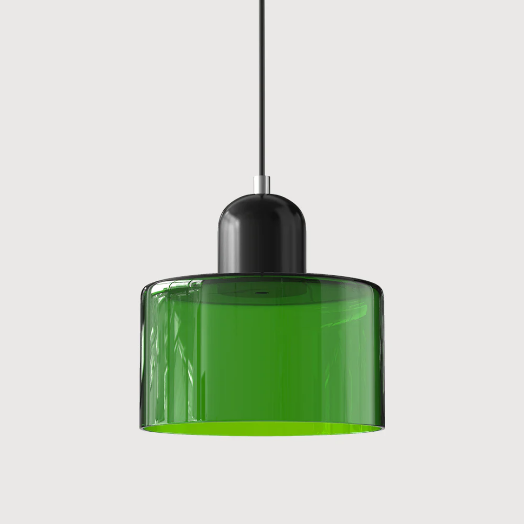 Retro-style pendant light made of glass in dark green and orange, measuring 15 cm in diameter. Ideal for dining or living spaces. 28