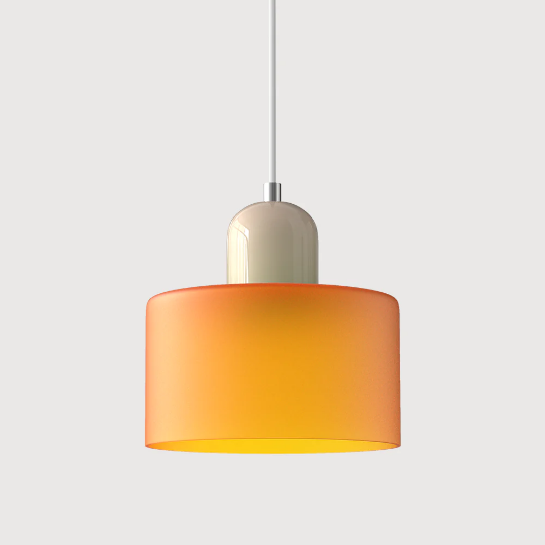 Retro-style pendant light made of glass in dark green and orange. It has a diameter of 15 cm, perfect for dining areas or modern spaces. 29