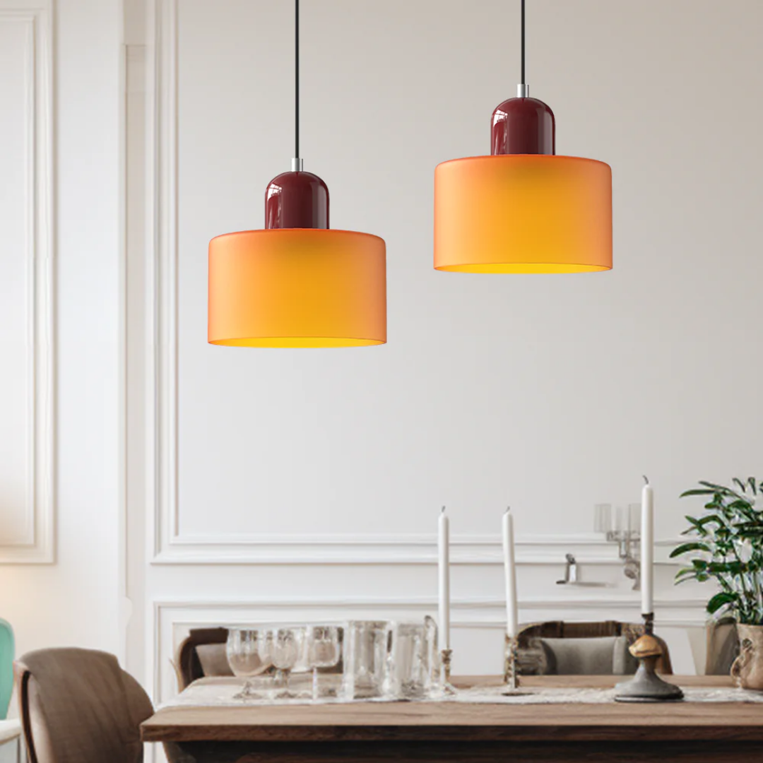 Retro pendant light made of glass in dark green and orange, with a diameter of 15 cm, ideal for dining or living room use. 3