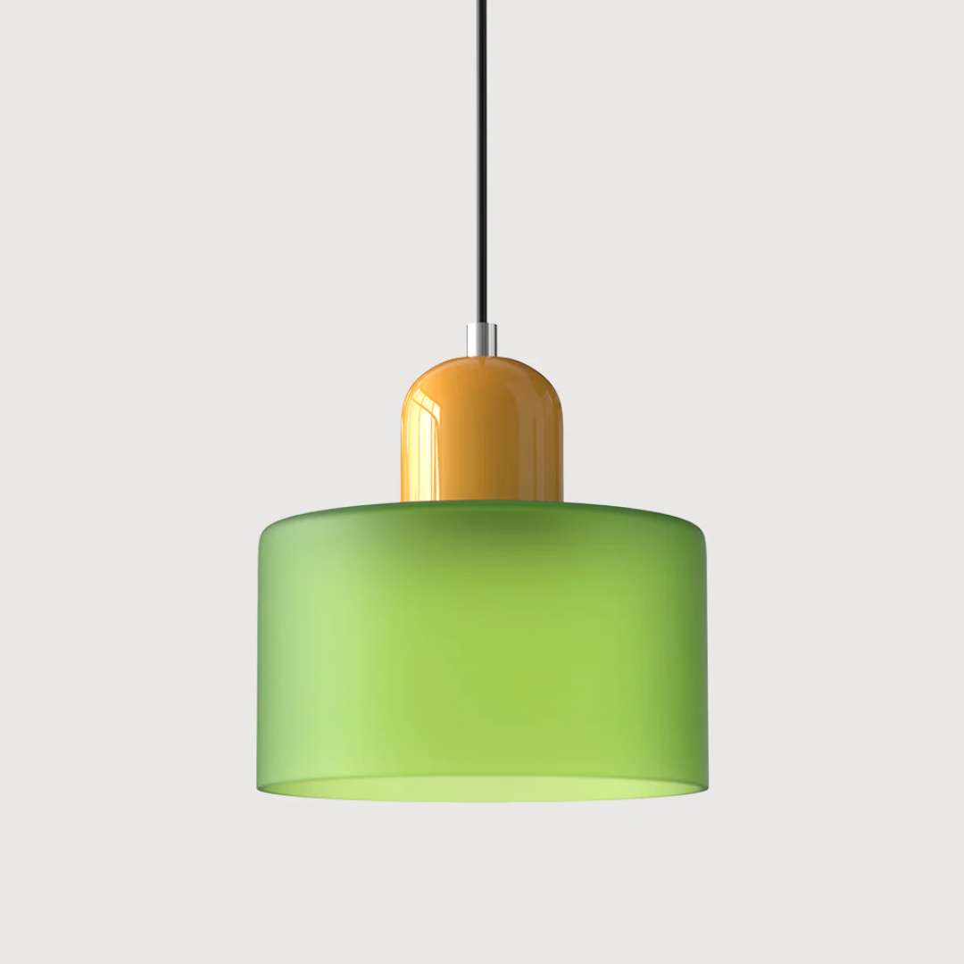 Retro-style pendant light made of glass in dark green and orange. Measures 15 cm in diameter, perfect for dining or living areas. 31