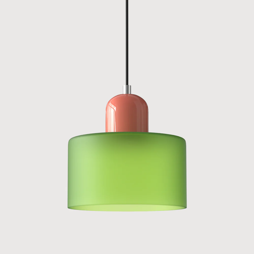 Retro-style pendant light made of glass, featuring a dark green and orange color scheme. Measures 15 cm in diameter, ideal for dining or living areas 34