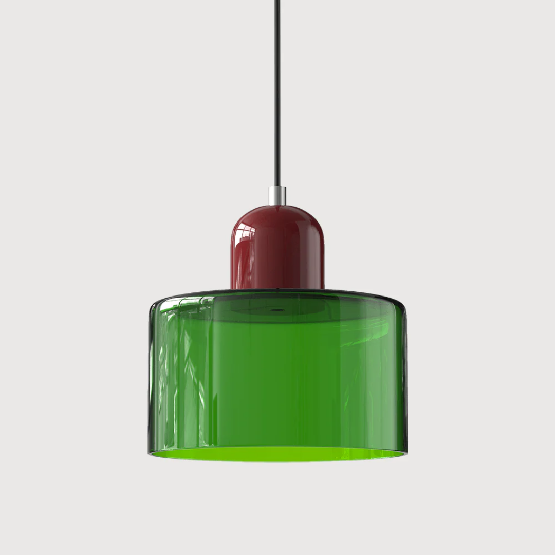 Retro-style pendant light made of glass in dark green and orange. It has a diameter of 15 cm, ideal for dining or living rooms. 38