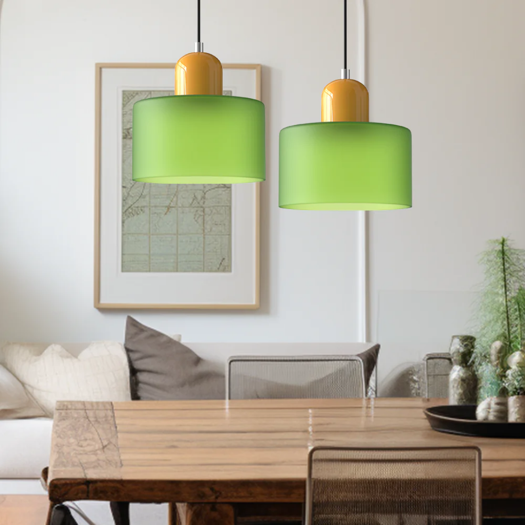 Retro-style pendant light made of glass in dark green and orange, measuring 15 cm in diameter, suitable for dining or living rooms. 4