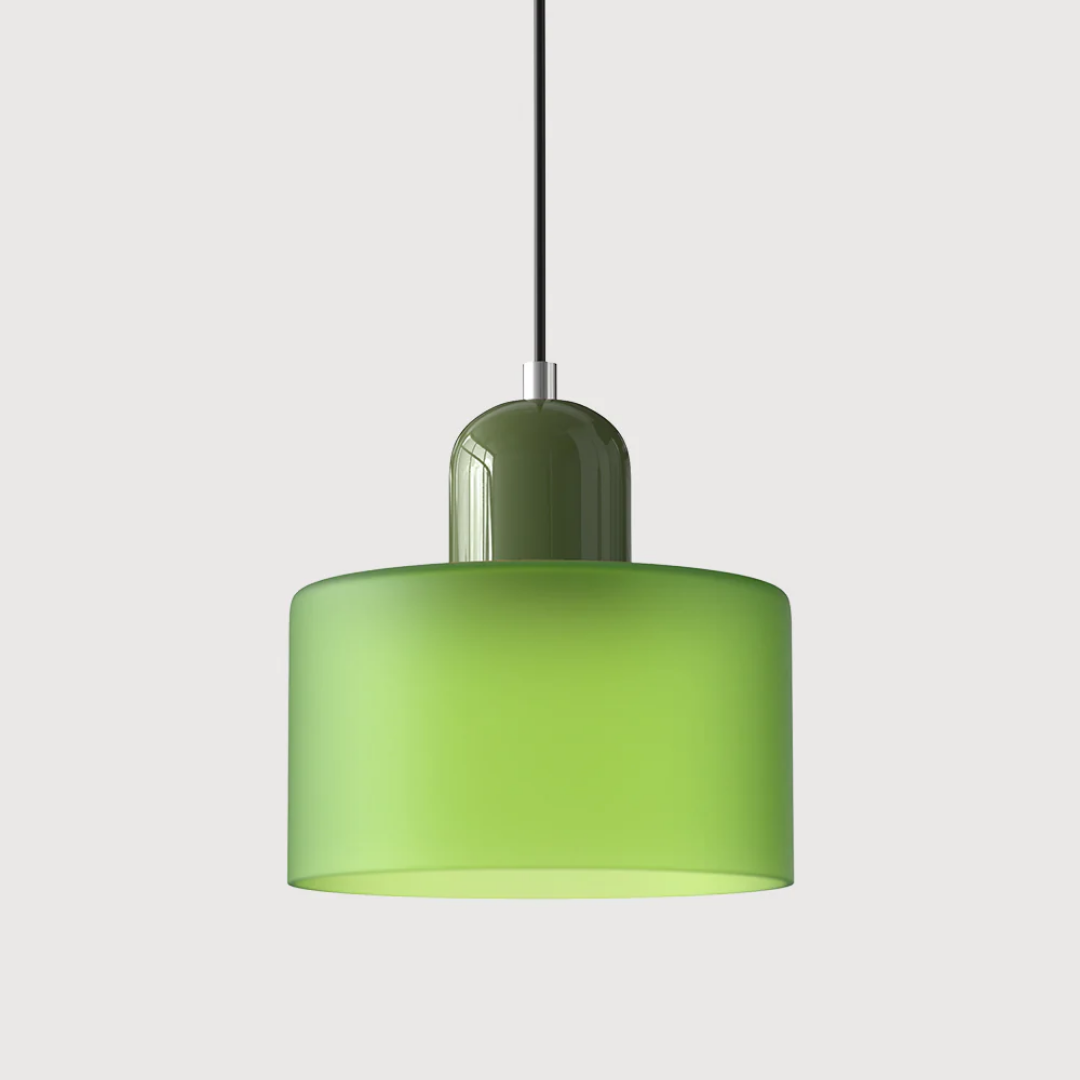 Retro-style pendant light made of glass, featuring a dark green and orange color scheme. It has a diameter of 15 cm, ideal for dining or 40