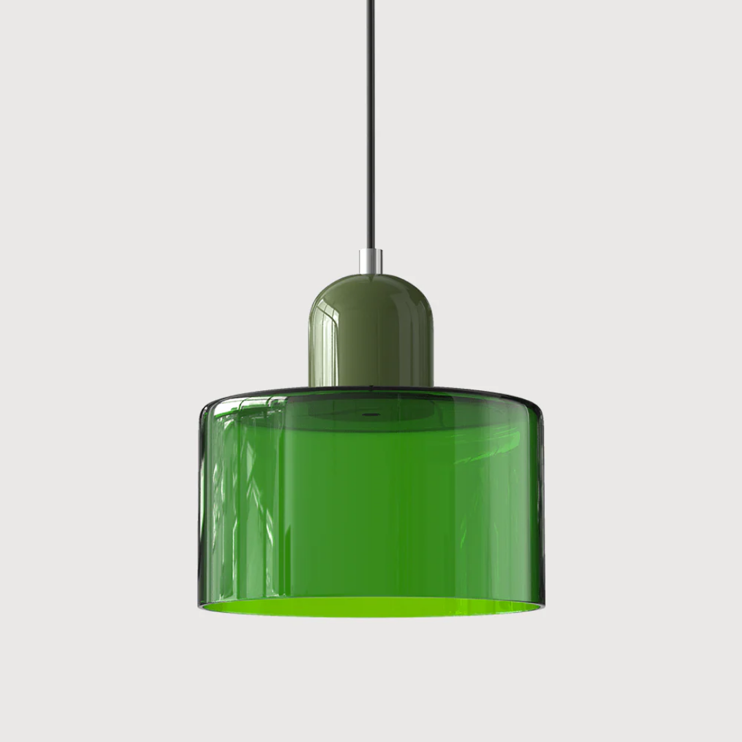 Retro-style pendant light made of glass in dark green and orange. It has a diameter of 15 cm, perfect for dining or living rooms. 41