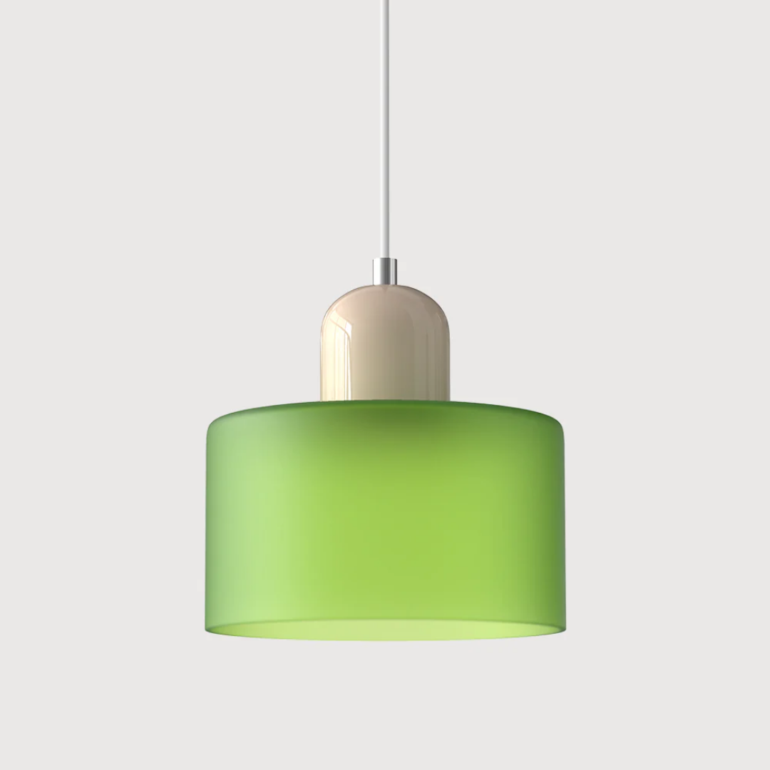 Retro-style pendant light made of glass in dark green and orange. It has a diameter of 15 cm, suitable for dining or living spaces. 42