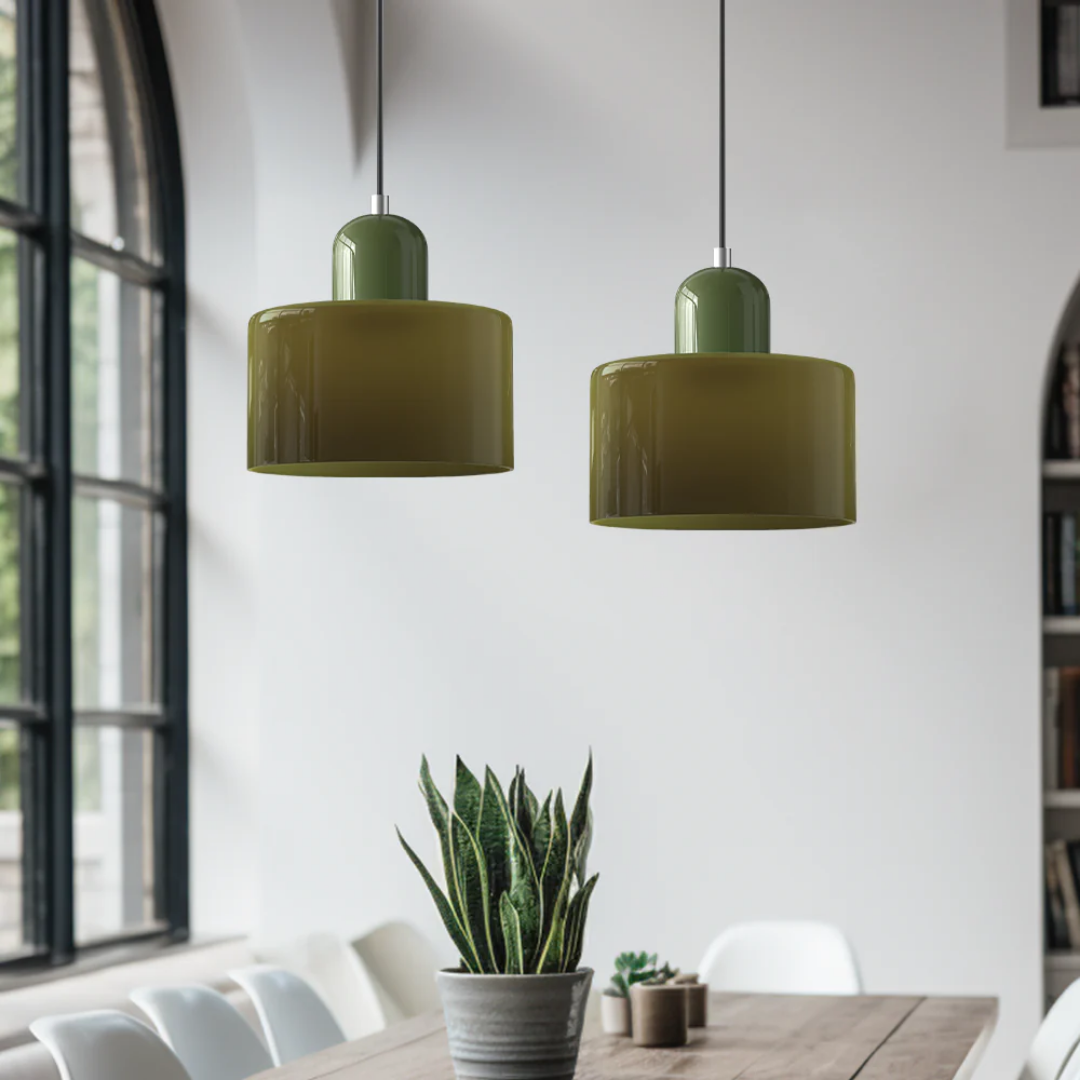 Retro-style pendant light made of glass in dark green and orange, measuring 15 cm in diameter. Ideal for dining areas or living rooms. 5