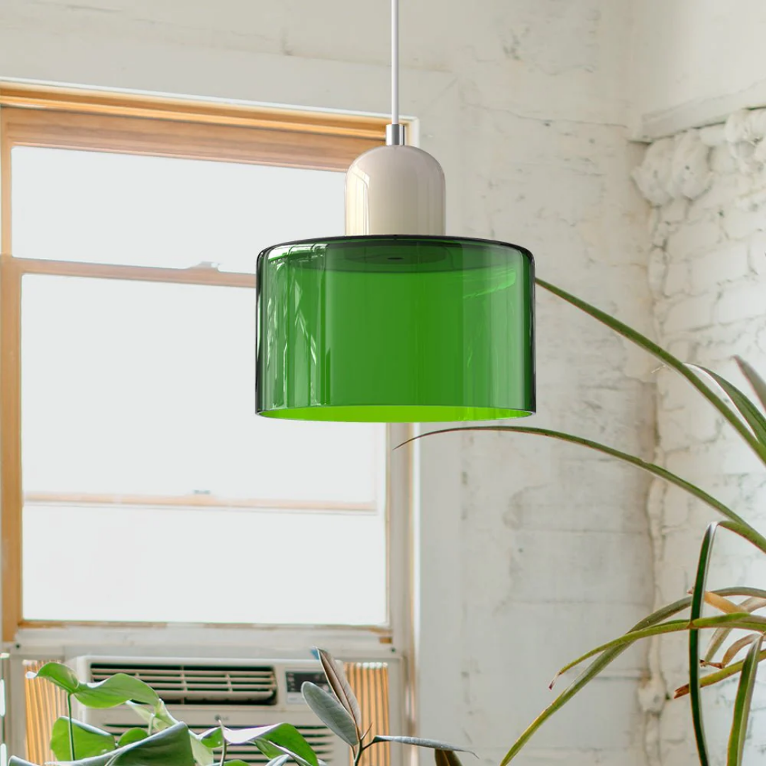 Retro-style pendant light made of glass in dark green and orange, measuring 15 cm in diameter, ideal for dining or living rooms. 6