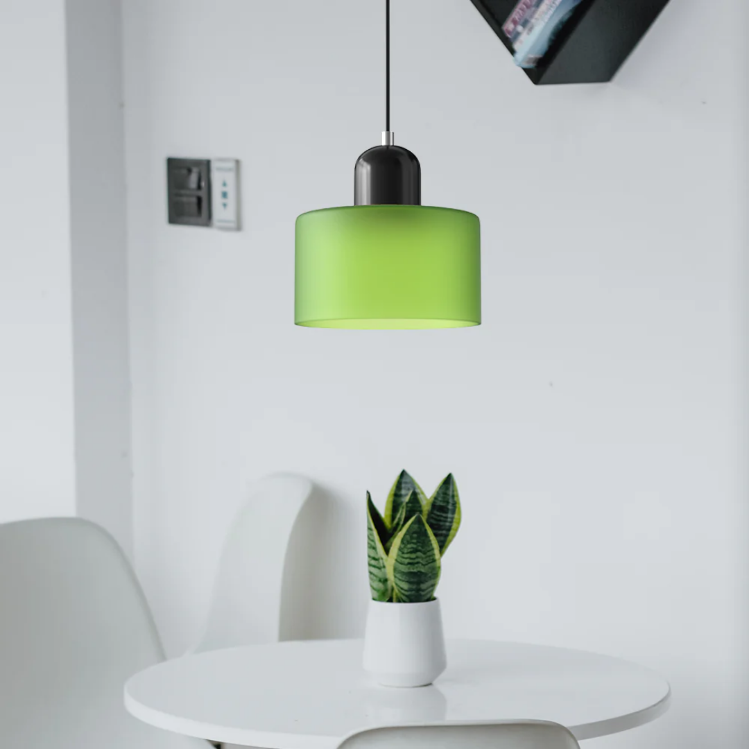 Retro-style pendant light made of dark green and orange glass, measuring 15 cm in diameter, ideal for dining or living rooms. 8