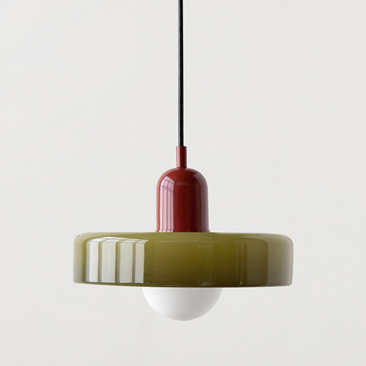 Colorful glass pendant light with a retro design, featuring a G9 bulb socket. Ideal for dining or living room illumination. 0