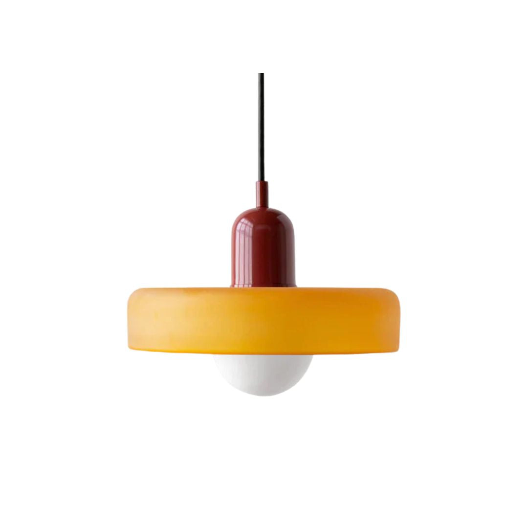 Colorful glass pendant light with a retro design, featuring a G9 bulb socket. Suitable for dining areas or living rooms. 1
