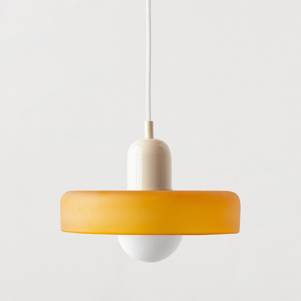 Colorful glass pendant light in a retro design, featuring a G9 socket. Ideal for dining areas or living spaces. 10
