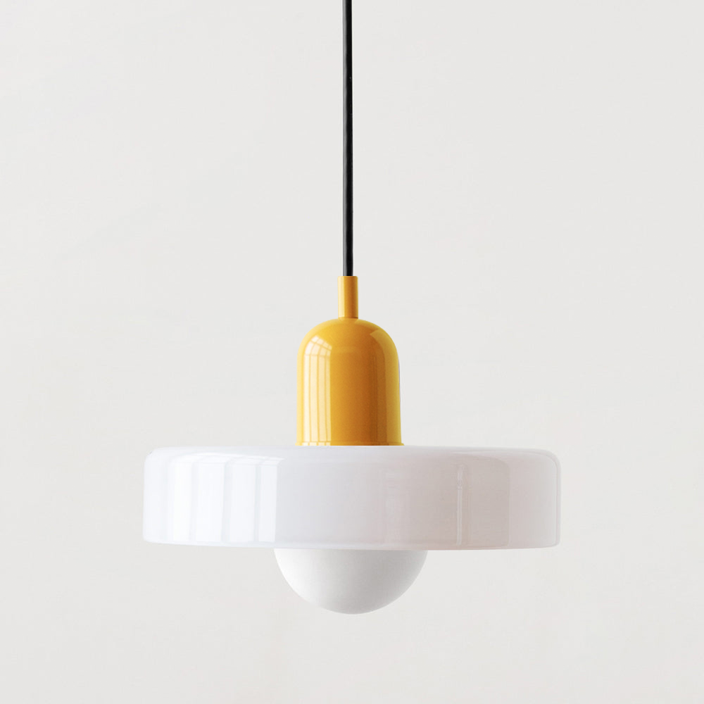 Colorful glass pendant light in a retro design, featuring a G9 bulb fitting. Ideal for dining rooms or living spaces. 11
