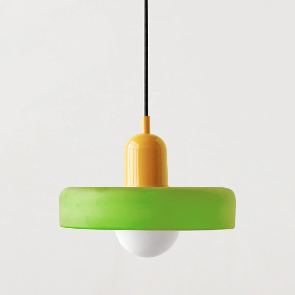 Colorful glass pendant light with a retro design, featuring a G9 bulb socket. Ideal for illuminating living spaces or dining areas. 14