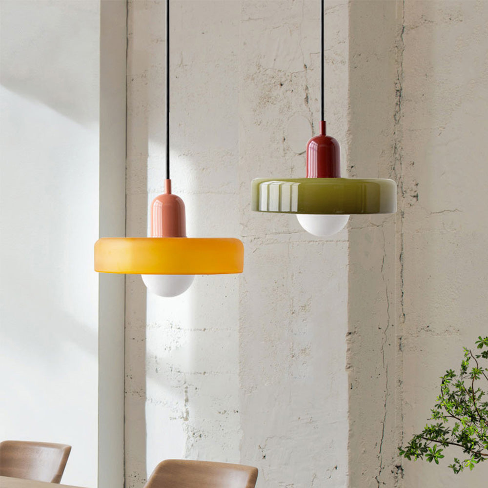 Colorful glass pendant light in a retro design, featuring a G9 bulb socket. Ideal for dining rooms or modern living spaces. 2