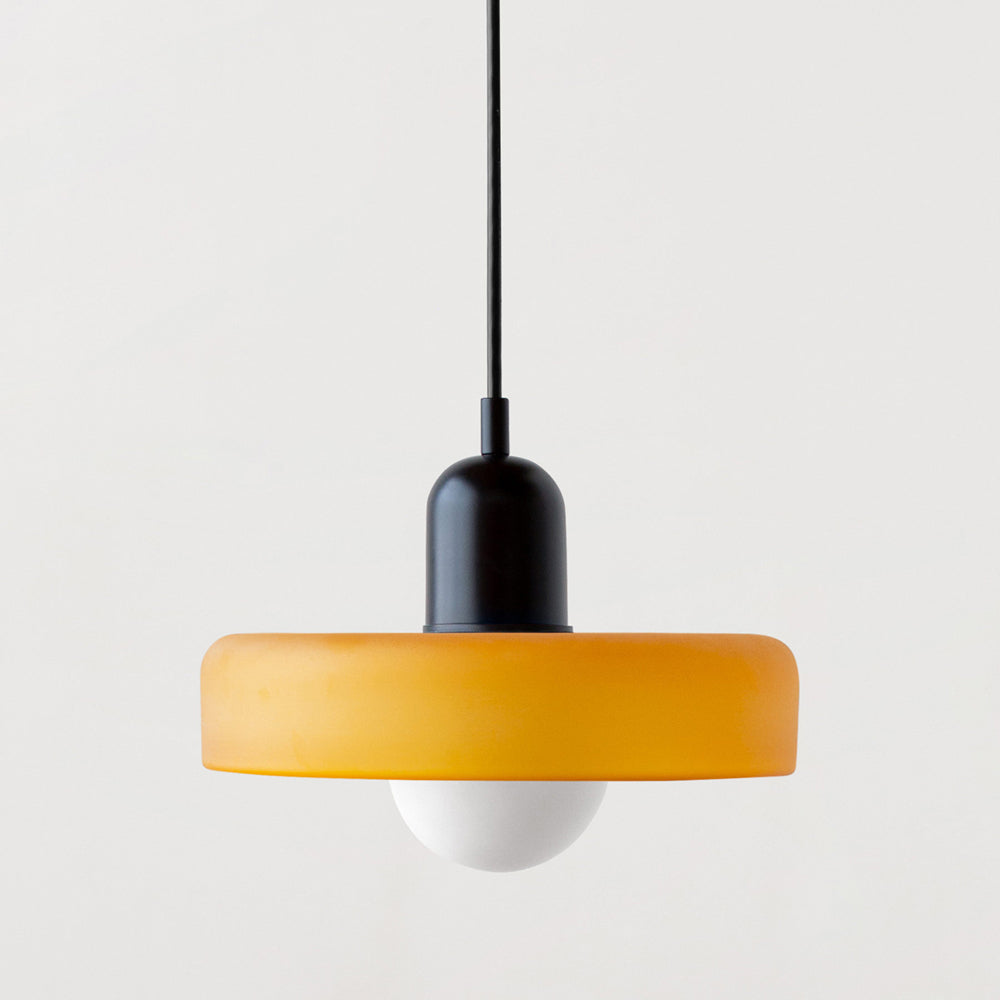 Colorful glass pendant light in a retro design, featuring a G9 bulb fitting. Ideal for dining rooms or living spaces. 27