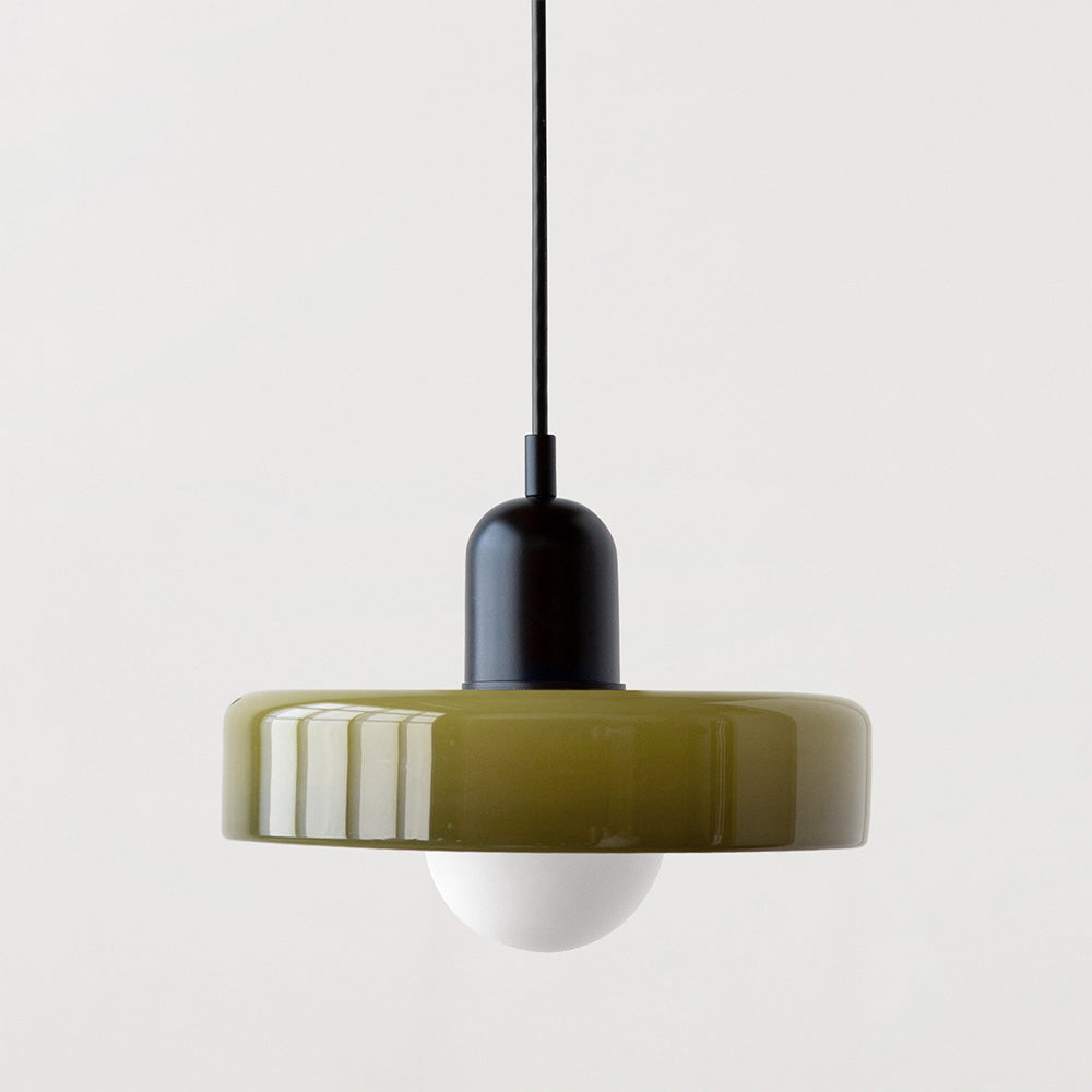 Colorful glass pendant light with a retro design, featuring a G9 bulb socket. Ideal for dining rooms or modern living spaces. 28