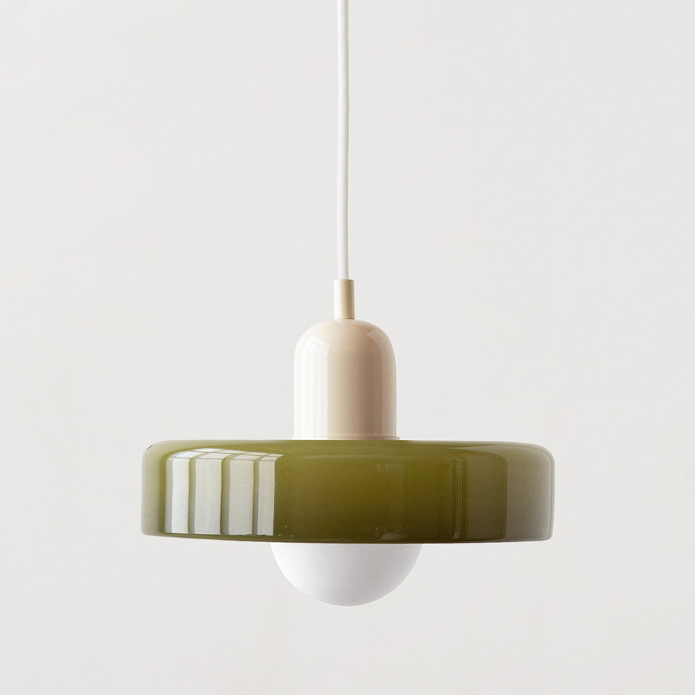 Colorful glass pendant light with a retro design, featuring a G9 socket. Ideal for dining areas or living spaces. 29