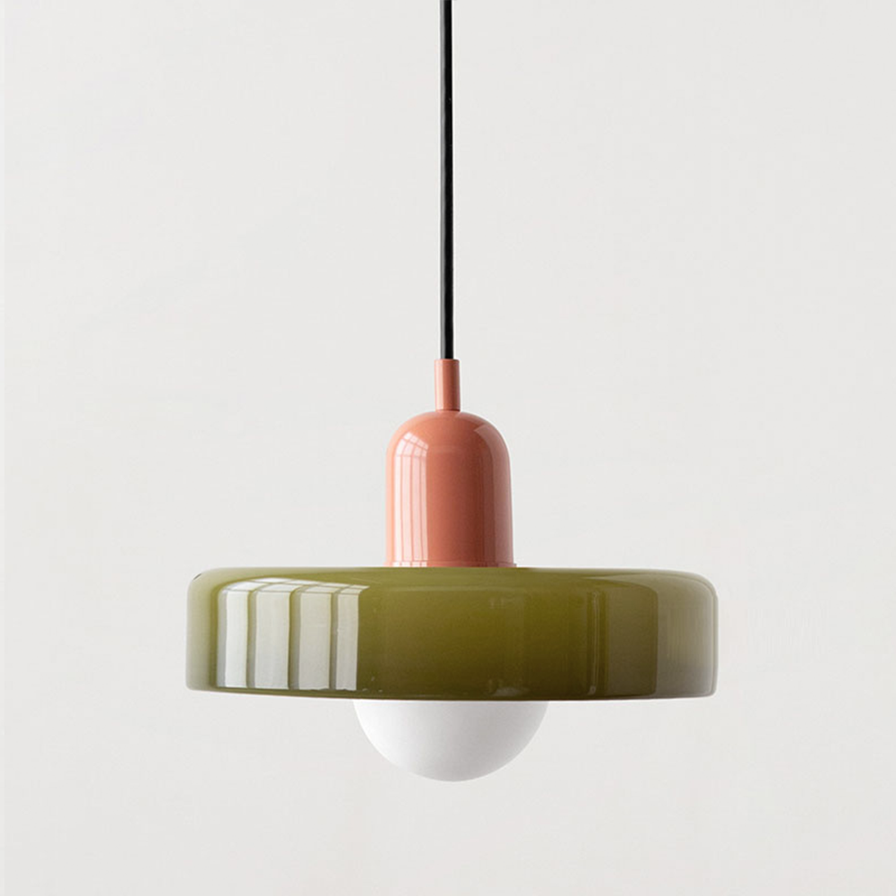 Colorful glass pendant light with a retro design. Ideal for dining areas or living rooms, featuring a unique shape that enhances any decor. 30