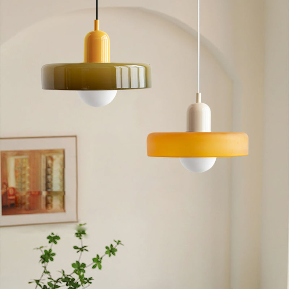 Colorful glass pendant light in retro design, featuring a G9 bulb fitting. Ideal for dining rooms or modern living spaces. 8