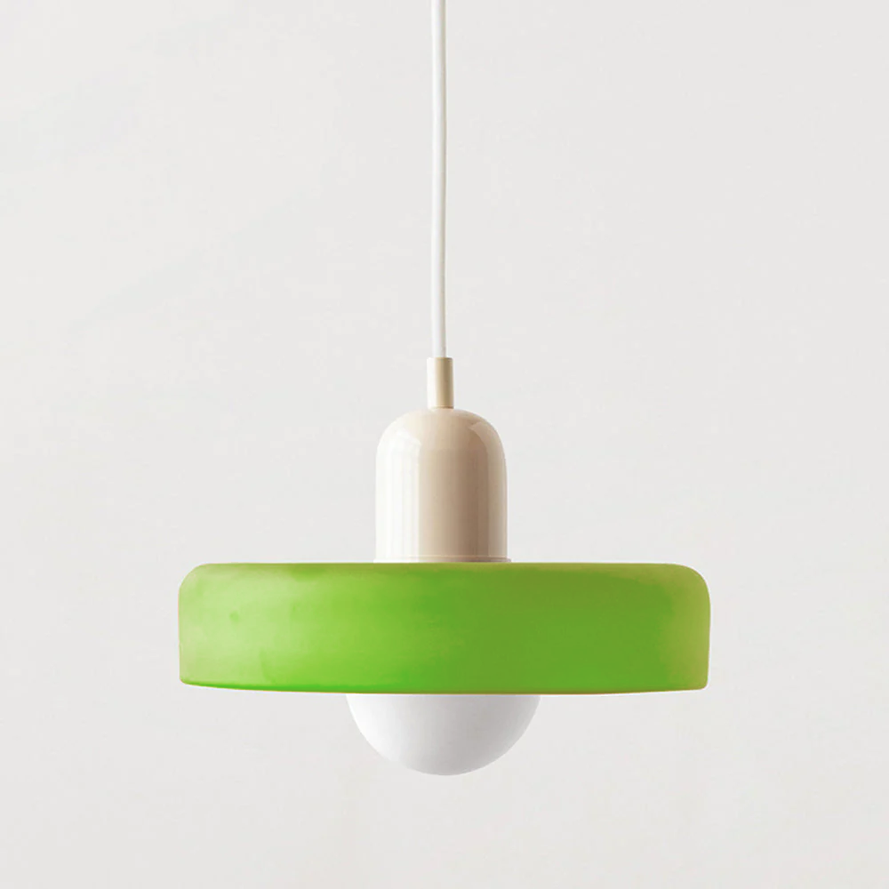Colorful glass pendant light with a retro design, featuring a G9 bulb socket. Ideal for dining areas or living spaces. 9