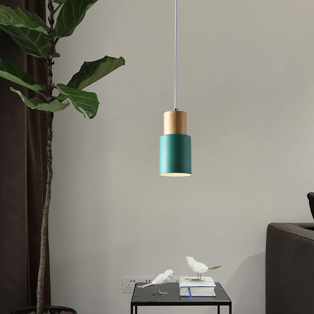 Modern pendant light made of wood and iron, featuring a colorful design. Measures 20 cm in diameter, ideal for dining rooms or living spaces. 11
